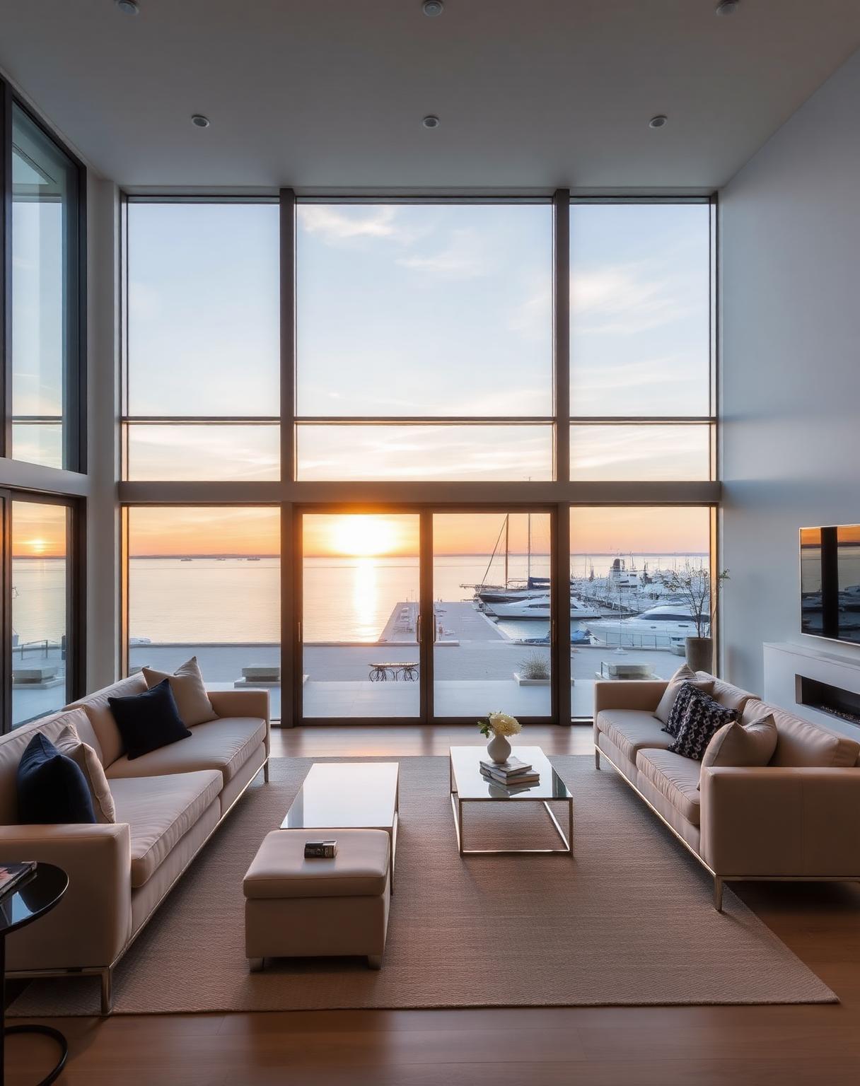 Bright coastal living room with panoramic ocean views and natural light