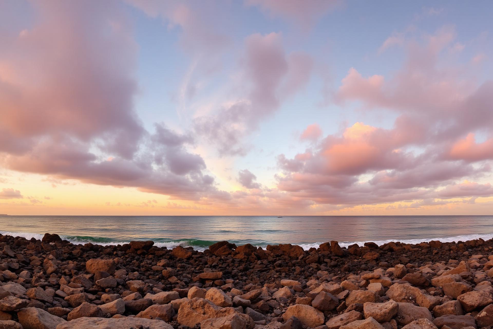 Panoramic rocky coastline at golden hour with sailboats on the horizon