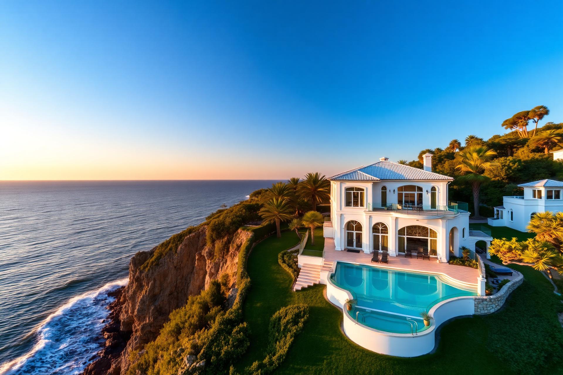 Aerial view of a luxury waterfront estate with infinity pool overlooking the ocean at sunset