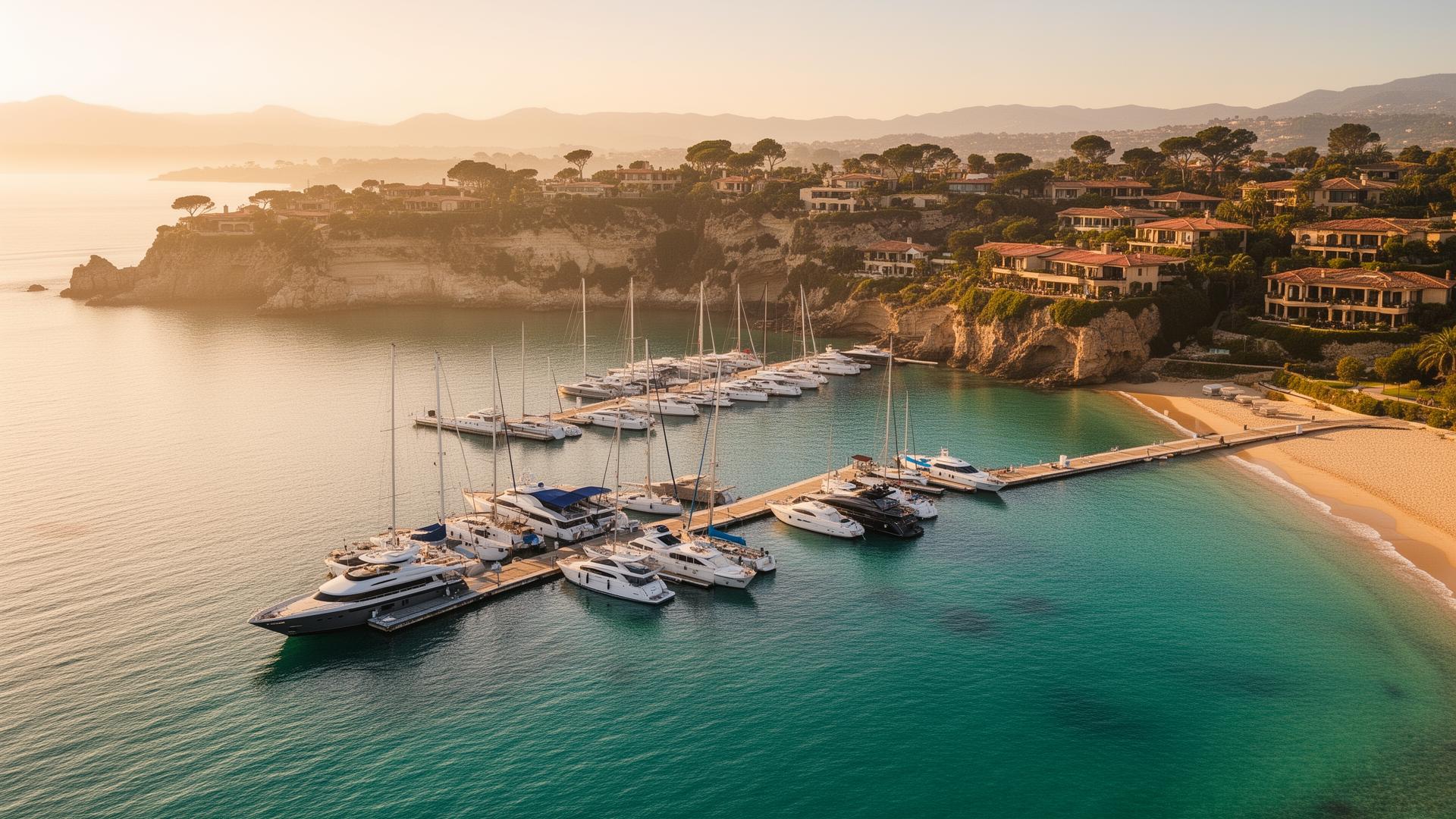 Aerial view of luxury coastal harbor at golden hour with sailing yachts and cliffside estates